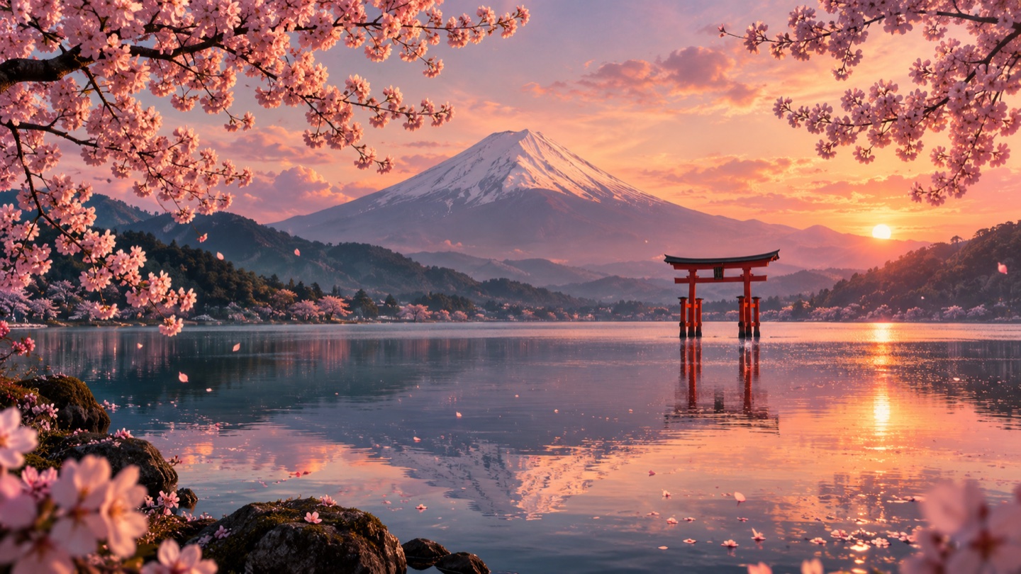 Cherry blossoms frame Mount Fuji and a torii gate on a tranquil lake at sunset